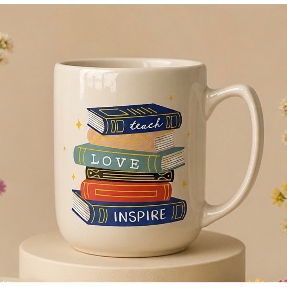 Sunday Morning Ceramics Teach Love Inspire Book Stack Coffee Mug Cream Used